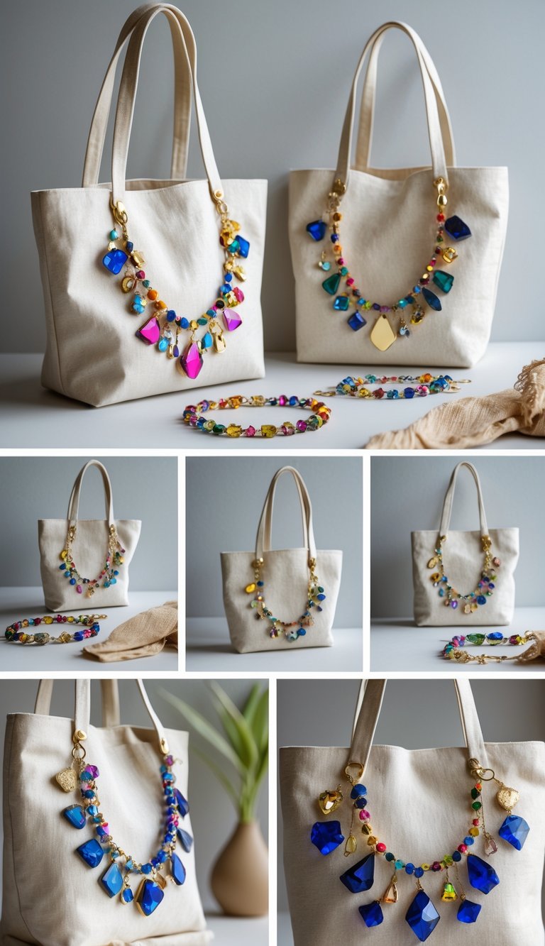 Several tote bags decorated with pieces of broken jewelry displayed on a neutral background.